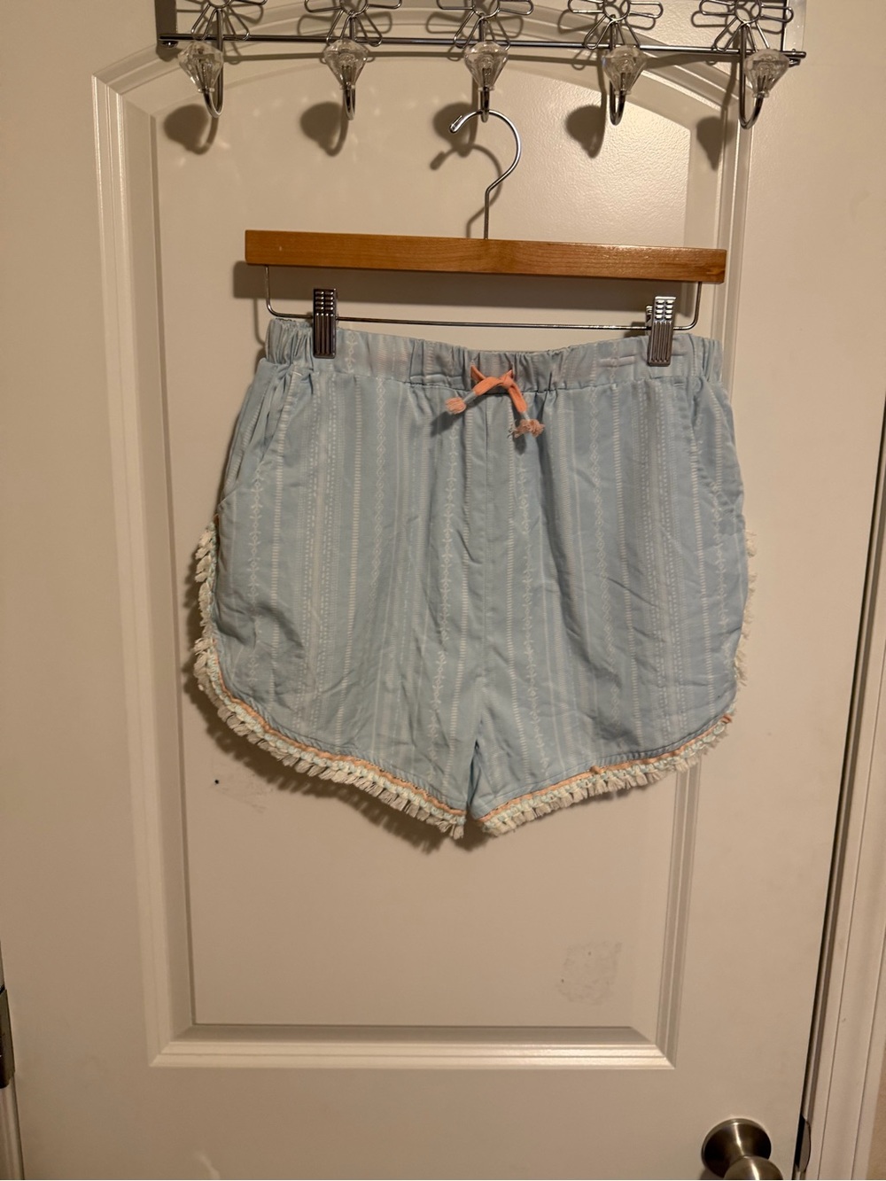 Matilda Jane Light Blue Shorts with Fringe and Peach Drawstring
